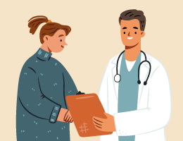 An illustration of a healthcare professional holding a clipboard while talking with a patient.