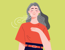 An illustration of a woman standing with a hand to her chest, eyes closed and exhaling a breath.